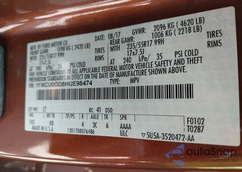 2017 Ford Escape Se z USA, uszkodzony, nr VIN 1FMCU0GD8HUE98474